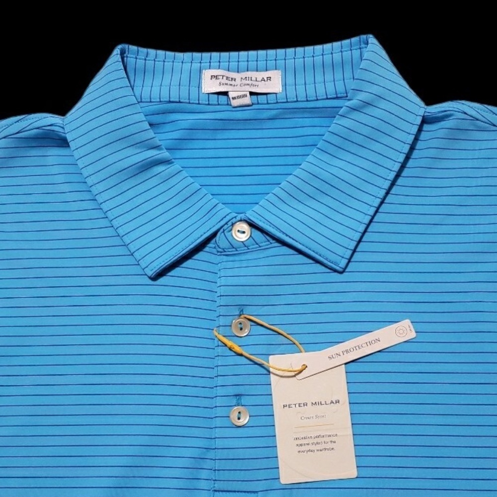 NEW Peter Millar Mens Golf Performance Stretch 2XL Stripe Blue Polo Shirt